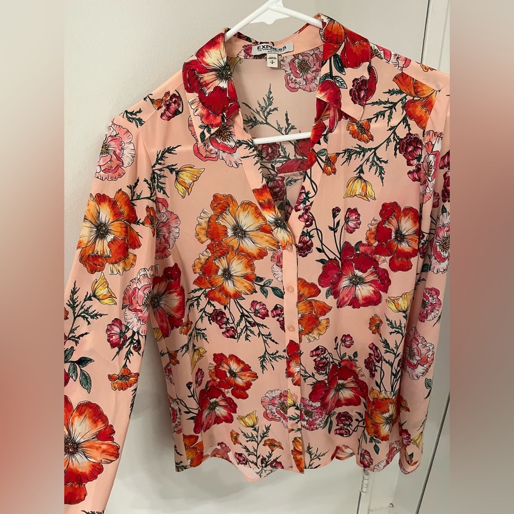 Express Portofino slim fit, collared button down shirt - Floral Pink, Size Small